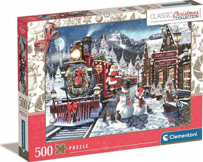 Puzzle Clementoni Classic Christmas, 500 copë, stacion treni me njerëz dëbore, shumëngjyrësh