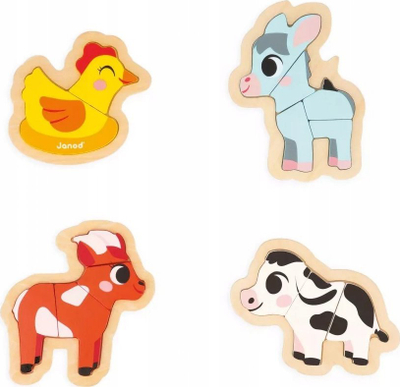 Puzzle druri Janod Farm Animals, 4 puzzle, 2 deri 5 pjesë, shumëngjyrëshe