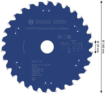 Teh rrethor Bosch Expert Stainless Steel Cordless, 140mm, 30 dhëmbë, blu