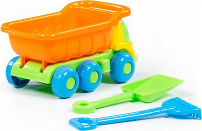 Set lodrash me rërë Polesie Auto Plus 57051, kamion me dump, lopatë edhe grusht, shumëngjyrësh