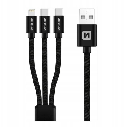Kabllo karikimi Swissten Textile 3in1, 1.2m, USB A në USB C dhe Lightning, e zezë