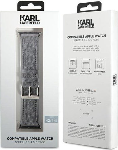 Rrip dore për Apple Watch Karl Lagerfeld Saffiano Monogram, 42/44/45/49 mm, lëkurë ekologjike, argjendtë