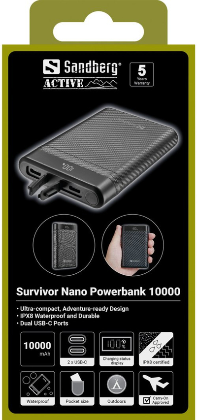 Powerbank Sandberg Survivor Nano, 10000 mAh, 20W PD, 2x USB-C, i zi