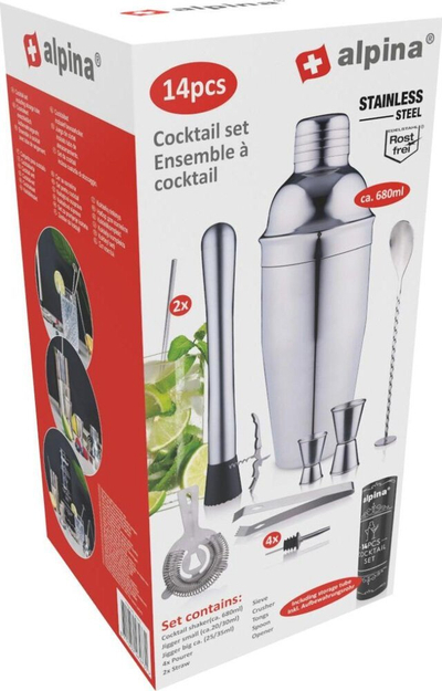 Set koktejsh Alpina Cocktail Set, 14 pjesë, çelik inox, ngjyrë argjendtë