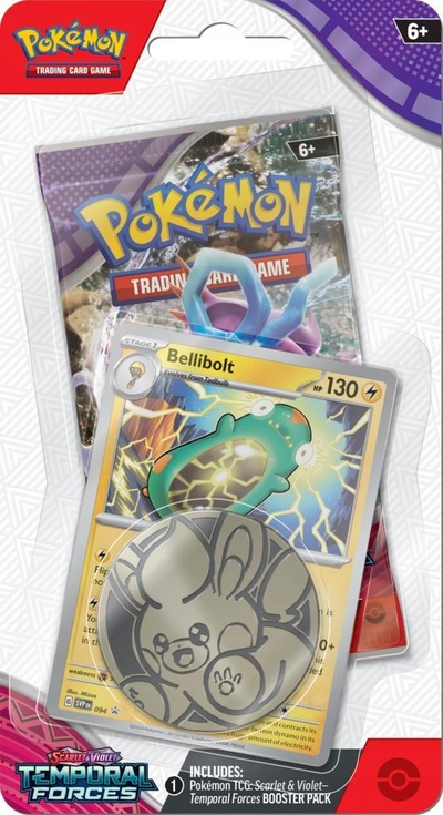 Set letra Pokémon TCG Scarlet & Violet Temporal Forces Checklane Blister Box, 12 booster packs, mosha 6+, shumëngjyrëshe