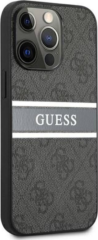 Kapotë telefoni Guess 4G Stripe Logo, për iPhone 13 Pro Max, lëkurë artificiale, gri