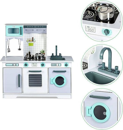 Kuzhinë druri për kalamaj ECOTOYS, set me aksesorë, ngjyra neutrale me blu