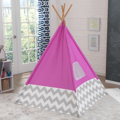 Çadër loje për kalamaj KidKraft Deluxe Play Teepee, me bambu, motiv chevron, rozë gri e bardhë