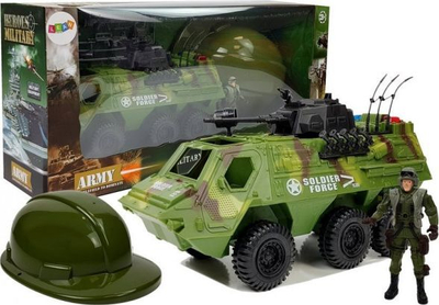 Set lodër ushtarake Leantoys Military Vehicle, makinë me ushtar dhe helmetë, jeshile kamuflazh