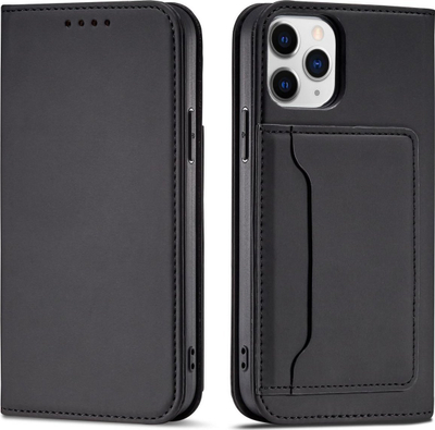 Kapak portofol për telefon Hurtel Magnet Card Case për iPhone 12, me mbajtëse kartash, me qëndrim, i zi