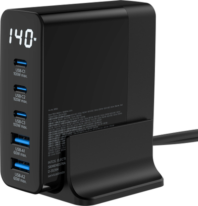 Karikues tavoline Manhattan InLine GaN, 5 porta USB-C USB-A, 140W, me ekran, i zi