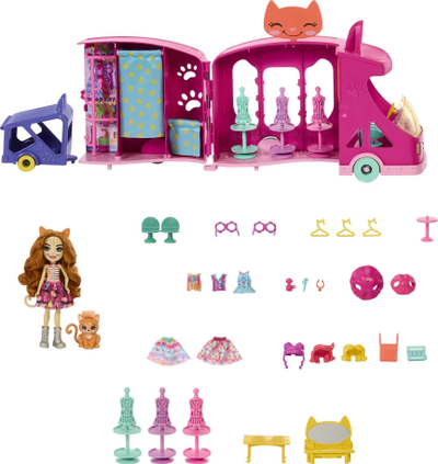 Set lojrash Mattel Enchantimals Mobile Fashion Studio HPB34, me kukull Caddy Cat, me kotele