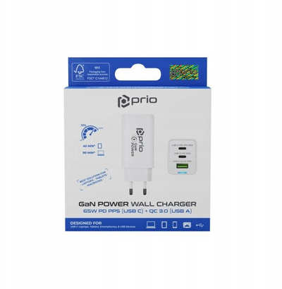 Karikues muri Prio 65W GaN, USB C PD, USB A, i bardhë
