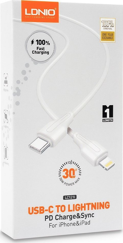 Kabllo USB C në Lightning Ldnio LC121I, 1m, 30W, e bardhë