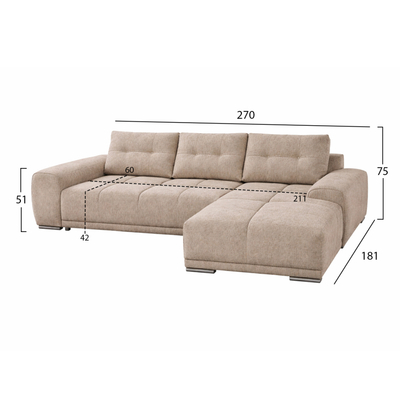 Divan këndor krevati Comfyra HM3336.03R, 270x181cm, kënd i djathtë, bezhë