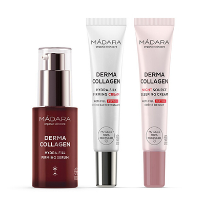 Set për lëkurë MÁDARA Collagen Bloom Firming, serum forcues për lëkurë 30 ml + krem forcues për lëkurë 15 ml + krem nate rigjenerues për lëkurë 15 ml