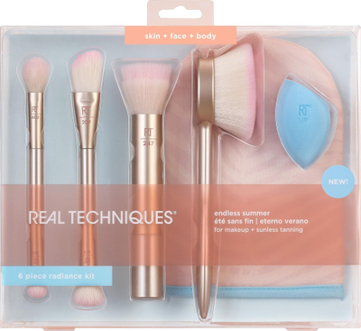 Set furçash makeup Real Techniques Endless Summer Glow, 6 copë, për fytyrë e trup, rozë