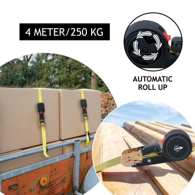 Rrip transporti Dunlop me ratchet, 4 m, 250 kg, i verdhë