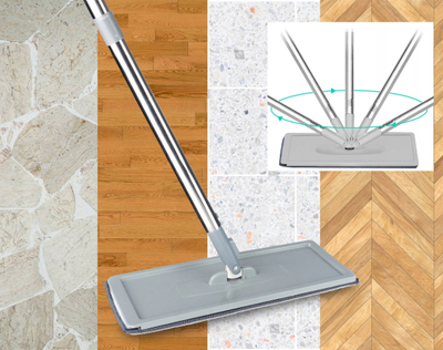 Set pastrimi dyshemeje me mop të sheshtë, kovë me dy ndarje, shkop çeliku inox, gri