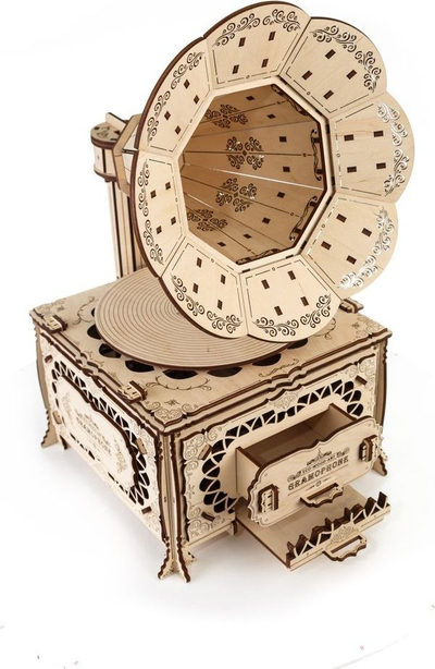 Set ndërtimi druri EWA Eco Wood Art Gramafon, model gramafoni prej druri, stil i vjetër retro, ngjyrë dru natyral