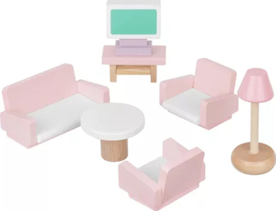 Set mobiljesh druri për kukulla Wooden Doll Furniture 22609, komplet dhomash, rozë me të bardhë