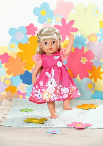 Fustan për kukull Baby Born Dress Flowers, 43cm, me lepurush e lule, rozë shumëngjyrëshe