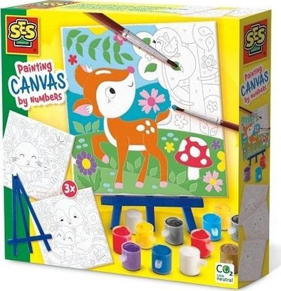 Set pikture me numra SES Creative Painting Canvas Forest Animals, 3 kanavaca, me bojra dhe penela, shumngjyrësh
