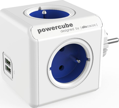 Priza ndarëse PowerCube Original, 4 slote, USB, të bardha / kaltra