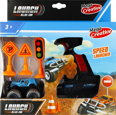 Set lodër makinë off-road Mega Creative Launcher, me lëshues si pistoletë, aksesorë rruge, blu