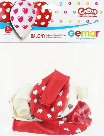 Balona latex GoDan Gemar me zemra, 30 cm, 5 copë, të bardha dhe të kuqe