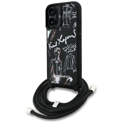 Mbulesë telefoni Karl Lagerfeld Crossbody MagSafe për iPhone 16, me rrip, e zezë