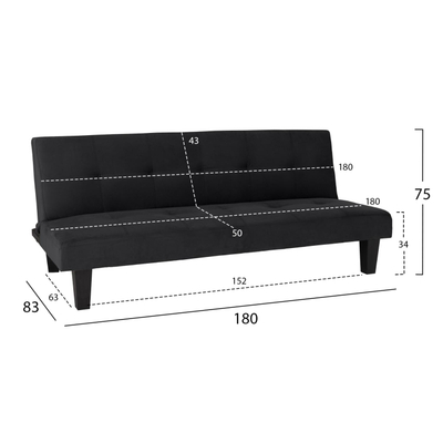Sofabed Odessa HM3000.14, 3 ulëse, kadife, 180x83x75 cm, i zi