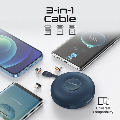 Kabllo magnetike kariku për Promate Quiver, 3 në 1, 1 m, blu e errët