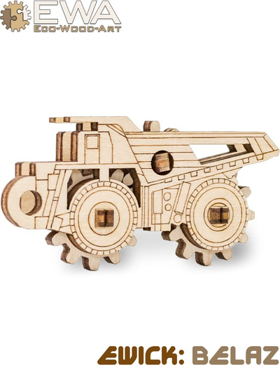 Set për me ndërtu me dru Eco Wood Art Mini Belaz Truck, model 3D mekanik, me rrota që lëvizin, ngjyrë druri natyrale