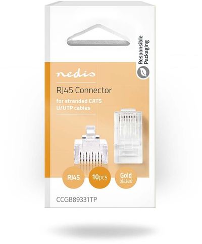 Мрежен конектор Нedis RJ45 со поминување, CAT5 CAT5e, сет 10 парчиња, проѕирен