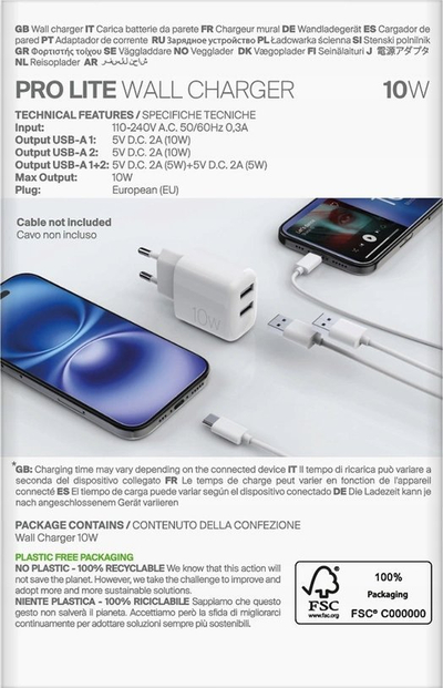 Полнач за ѕид Puro PROLITE, 10W, 2x USB A, бел