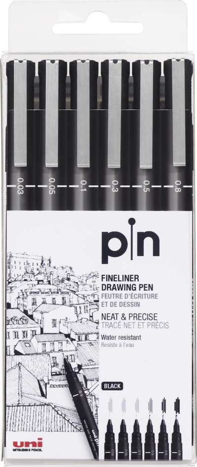 Set fineliner Uni Pin, 6 copë, rezistent ndaj ujit, ngjyrë e zezë