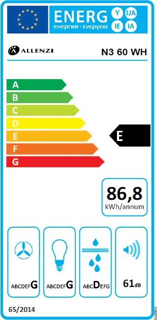 Aspirator kuzhine Allenzi N3 60 WH, 60cm, me dritë 28W, i bardhë