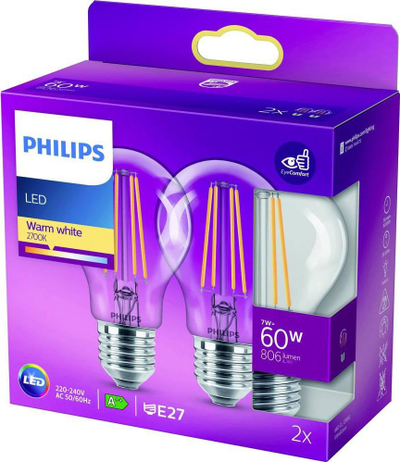 Llambë LED Philips Filament E27 7W, 2700K, pako 2 copë, e tejdukshme