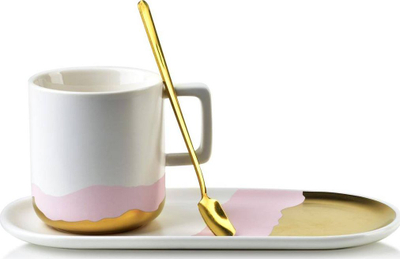 Gotë porcelani me lugë dhe pjatë të artë, 260ml, e bardhë / e artë
