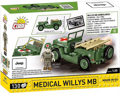 Set ndërtimi Cobi Historical Collection WWII Jeep Willys MB Medical, 1:35, me figurë doktori, shumëngjyrësh
