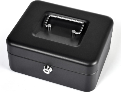 Kuti paresh Cashbox 12\", metal, me çelës, e zezë