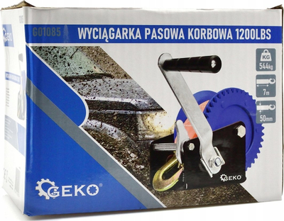 Vinç manual GEKO me dorezë dhe rrip, kapacitet 544 kg, metalik