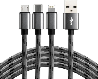 Kabllo USB EverActive CBB-1.2MCI, USB-A në USB-C microUSB Lightning, 1.2m, gri