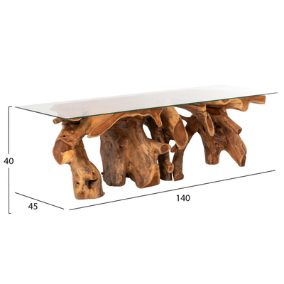 Tavolinë për kafe rrënjë teak xham 140×45×40 cm (HM9396)