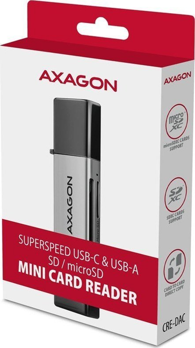 Lexues kartelash i jashtëm Axagon CRE-DAC, USB 3.2 Gen 1 Type-C dhe Type-A, SD dhe microSD, metalik