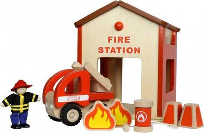 Set lojërash druri Masterkidz Mini Fire Station, figura dhe autozjarrfikëse, kuqe natyrale