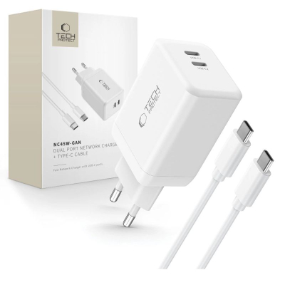 Karikues rrjeti Tech-Protect NC45W-GAN, 45W, 2x USB-C PD, i bardhë