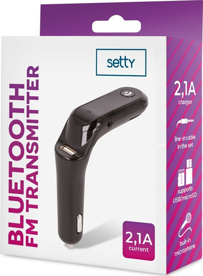 FM предавател со блутут Setty TFM-02, 2.1A USB, за автомобил, црн