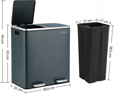 Kosh riciklimi SONGMICS 2 x 30L, çelik inox, me pedale, gri